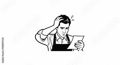 Distressed person in apron holding a document, looking worried