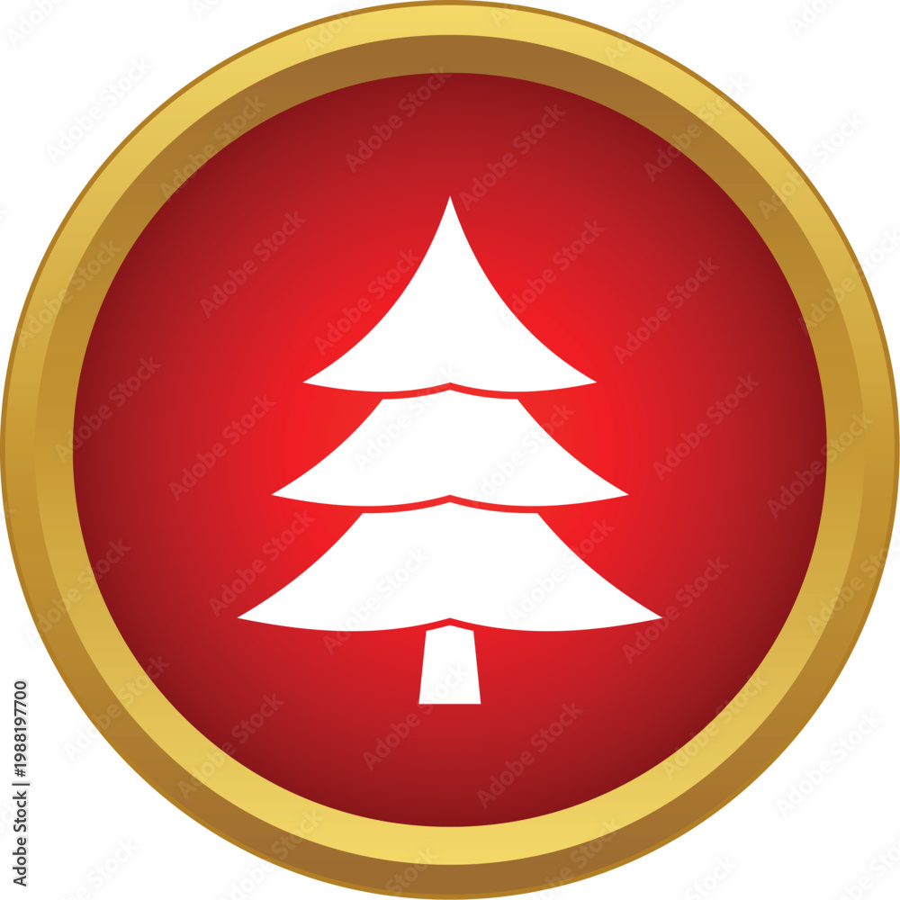 Obraz premium White fir tree icon symbolizing winter holidays inside a red circle with a gold border