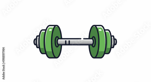 Green, stacked weight plates on a silver bar with a white background