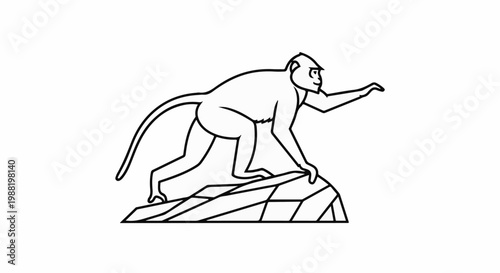 Line drawing of a monkey climbing on a rock formation