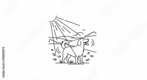 Line art depicts a happy dog with its tongue out under a bright sun