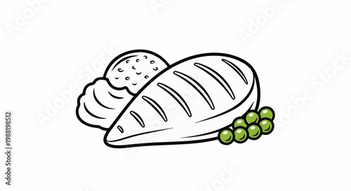 Line art of grilled protein with mashed sides and peas