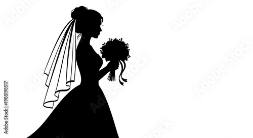 Silhouette of a bride in a flowing gown holding a bouquet, set against a minimalistic garden-themed white background