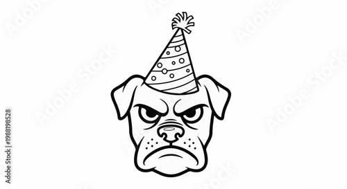 Cartoon bulldog wearing a party hat with a grumpy expression