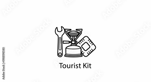 Camping stove, wrench, and fuel canister illustration