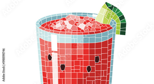 Colorful mosaic illustration of a glass filled with refreshing watermelon juice and ice cubes, garnished with a lime wedge, on a white background