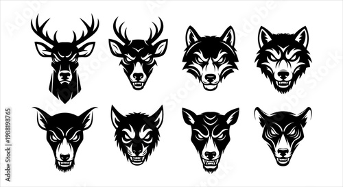 Set of Fierce Animal Head Illustrations - Wolf, Deer, and Dog Silhouettes