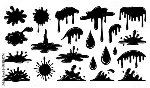 Liquid splashes and slime blobs set – dripping ink vector illustration