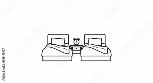 Two beds with a nightstand and alarm clock between them