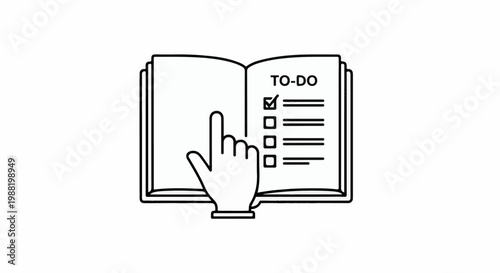 A stylized hand points to a checked item on an open to-do list