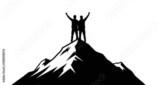 Silhouetted couple celebrating triumph on mountain top against white background