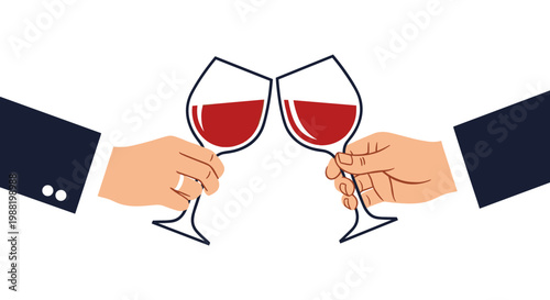 Illustration of a couple holding wine glasses in a celebratory toast, minimalist design with red wine and white background