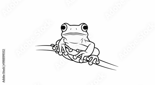 A line drawing of a frog perched on a thin branch