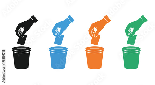 Colorful hand reaching into a trash bin symbolizing waste disposal and environmental awareness