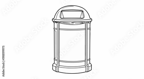 Stylized line drawing of a cylindrical outdoor trash receptacle with a domed lid