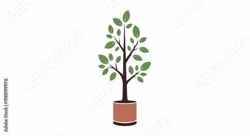 Stylized potted plant with green leaves on a brown trunk and pot