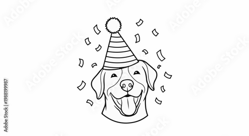 A smiling dog with a party hat and falling confetti