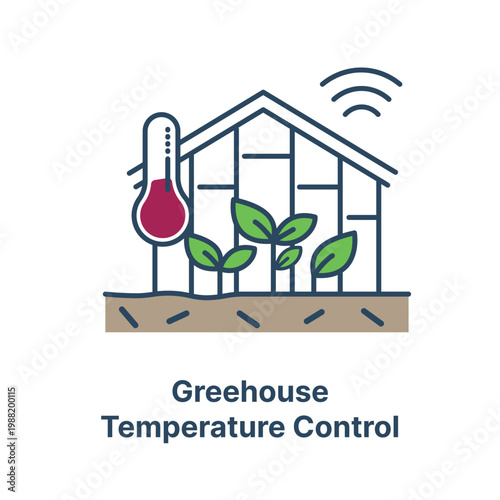 Smart Farming Ecosystem Icon Modern smart greenhouse icon monitors heat for plants on white.