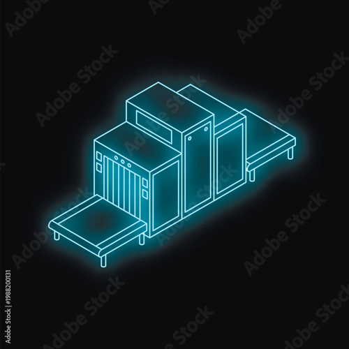 Glowing blue neon baggage scanner processing passenger luggage at airport security checkpoint
