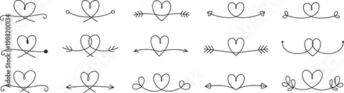 Collection of hand drawn black heart flourishes and dividers with arrows and swirls