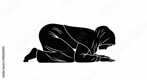 A person in a headscarf kneels with hands outstretched on a white background