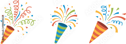 Three party poppers exploding with colorful confetti streamers and dots against a white background