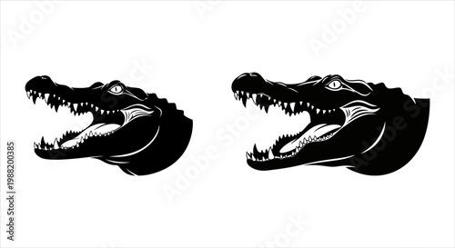 Vector Illustration of an Alligator Head with Open Mouth - Black and White