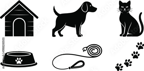 Pet icons set dog cat doghouse bowl leash and paw prints isolated on transparent background