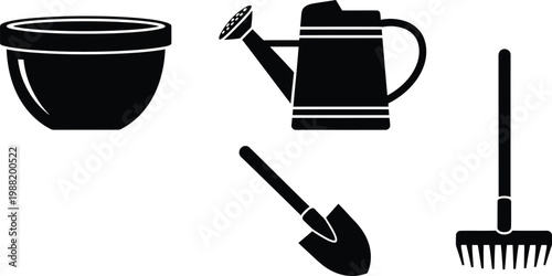 Gardening tools collection isolated on transparent background pot watering can trowel and rake