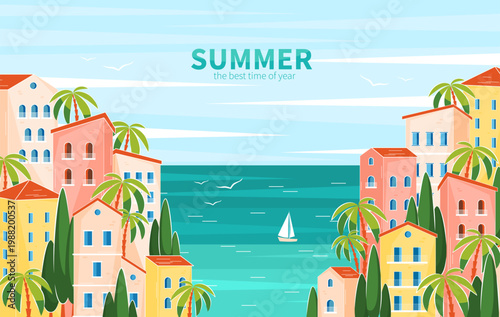 Summer sea beach landscape. Mediterranean coastal town, southern city in Europe. Turquoise sea, palm leaves, and summer vibes. Vector illustrations for travel and vacation.  