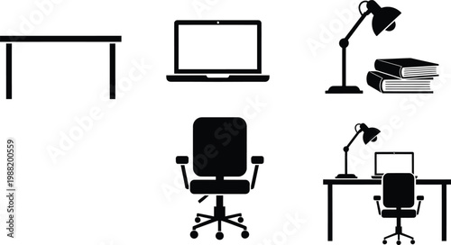 Black silhouette icons of office furniture desks chairs monitors and lamps isolated on transparent background