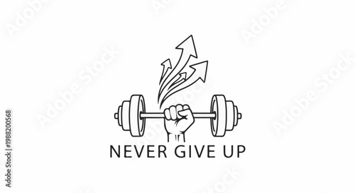 A hand grips a barbell with arrows pointing upward, signifying progress and perseverance