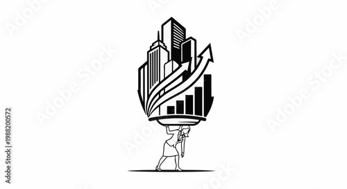 Woman struggles under weight of city buildings and financial charts