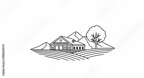 A line art drawing of a house on rolling hills with mountains and a tree