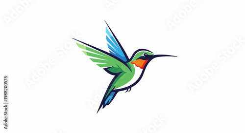 Vibrant green hummingbird in flight with blue wings and orange throat