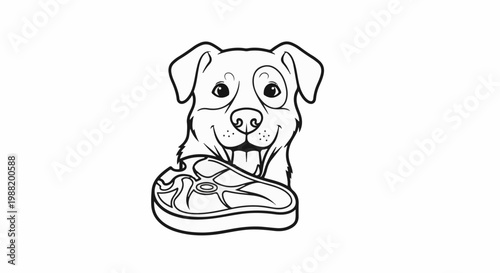 A happy dog grins while holding a raw steak in its mouth