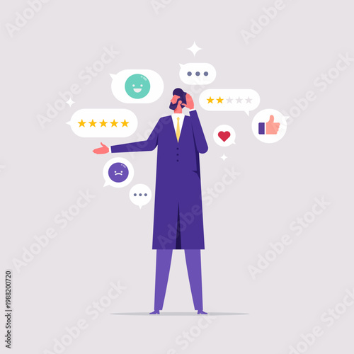Listening to feedback concept, customer advice or feedback, businessman listen to customer social media feedback expression