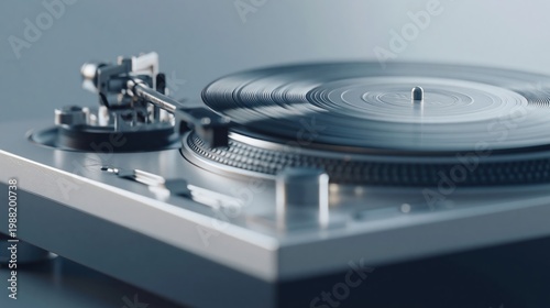 Close-up of a spinning vinyl record on a turntable with a stylus