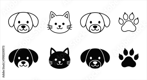 Adorable vector illustrations of dogs, cats, and paw prints, featuring outline and silhouette styles for pet-themed designs