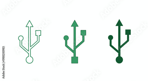 Set of three USB flash drives in different shades of green with a minimalist design for data storage and transfer