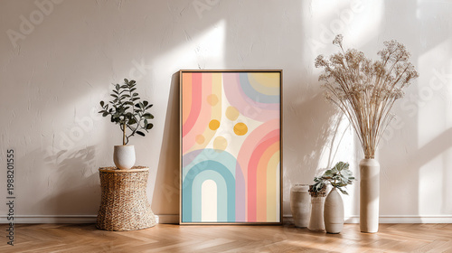 Minimalist LGBTQ pride abstract wall art with pastel rainbow shapes and geometric heart, modern boho illustration.