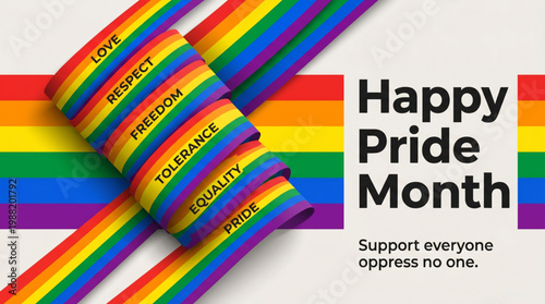 Pride month rainbow ribbon design with love respect freedom equality message on clean background for lgbt awareness campaign branding and social media use