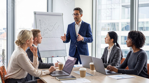 Tableau sur toile Professional businessman presenting data and strategy on flipchart to diverse team in modern office, photograph