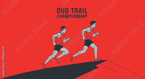 Dynamic Runners Competing in Duo Trail Championship On A Striking Red Backdrop