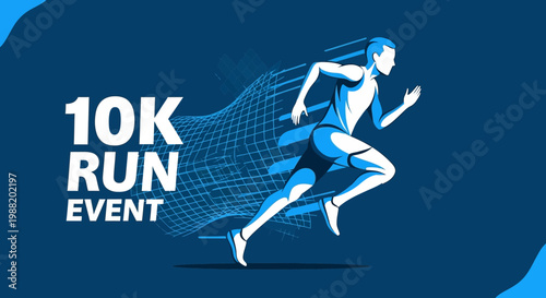 Dynamic Illustration of a 10K Run Event Featuring Athletic Silhouette on Blue Background