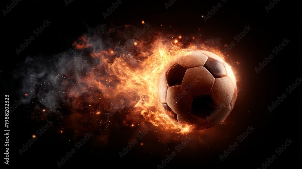Fototapeta premium soccer ball in fire flames on black background