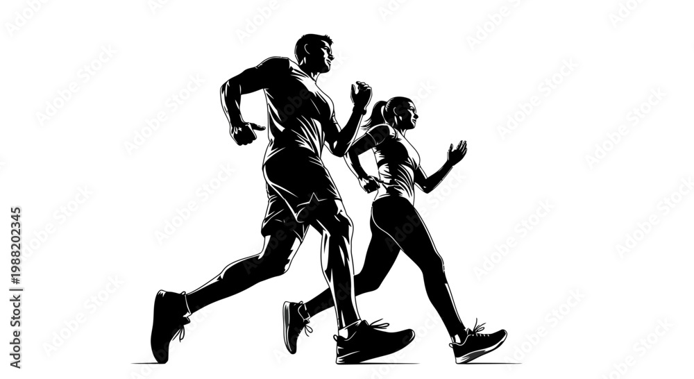 Fototapeta premium Dynamic Runners Silhouetted In Motion, Black And White, Fitness And Exercise Concept