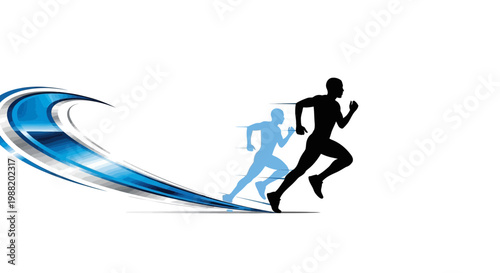Dynamic Runners Silhouette Against Blue and Silver Design for Sports Illustration