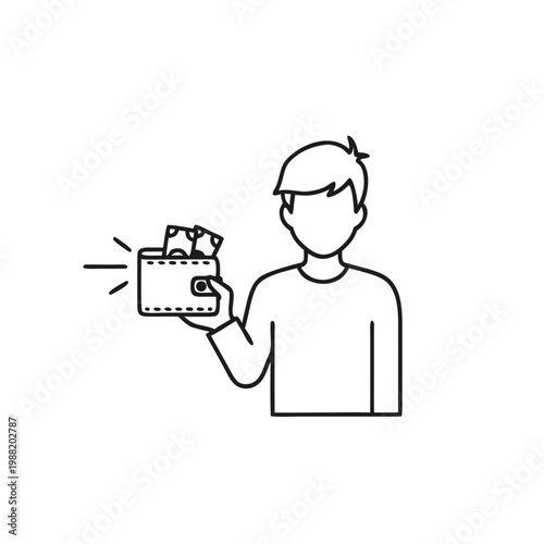 Adolescent boy holding wallet with cash in line art style  