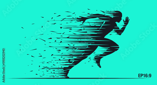 Dynamic Silhouette Depicting Fast Sprint, Energy and Momentum on Turquoise Background